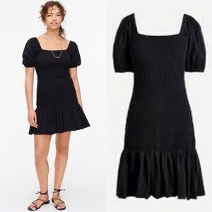 J. Crew Smocked Puff Sleeve Square Neck Mini Dress Black Large